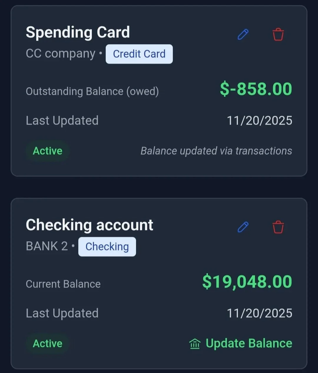 Account management dashboard showing bank accounts, credit cards, and balances