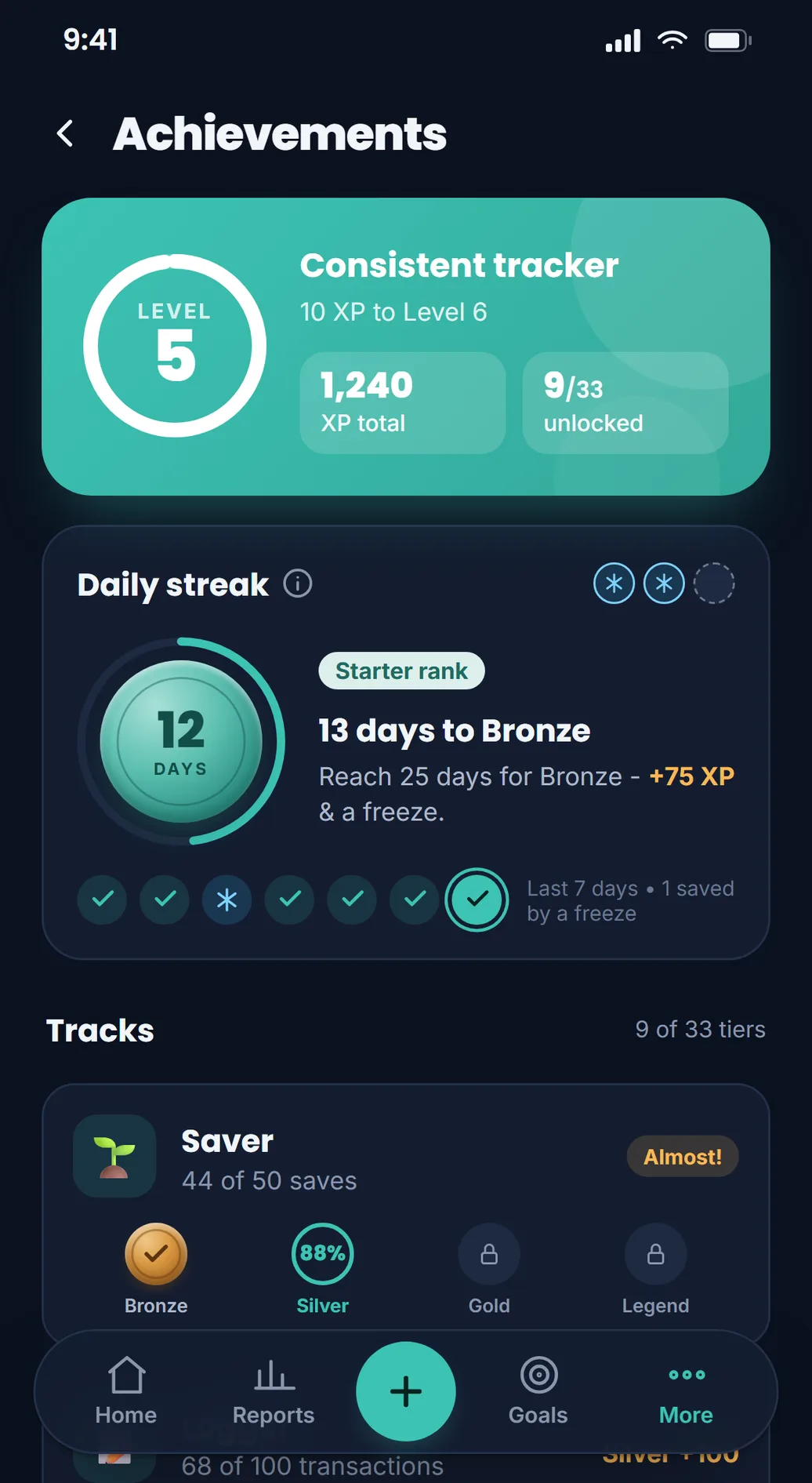 The Lekkalu achievements screen, showing level progress and earned XP