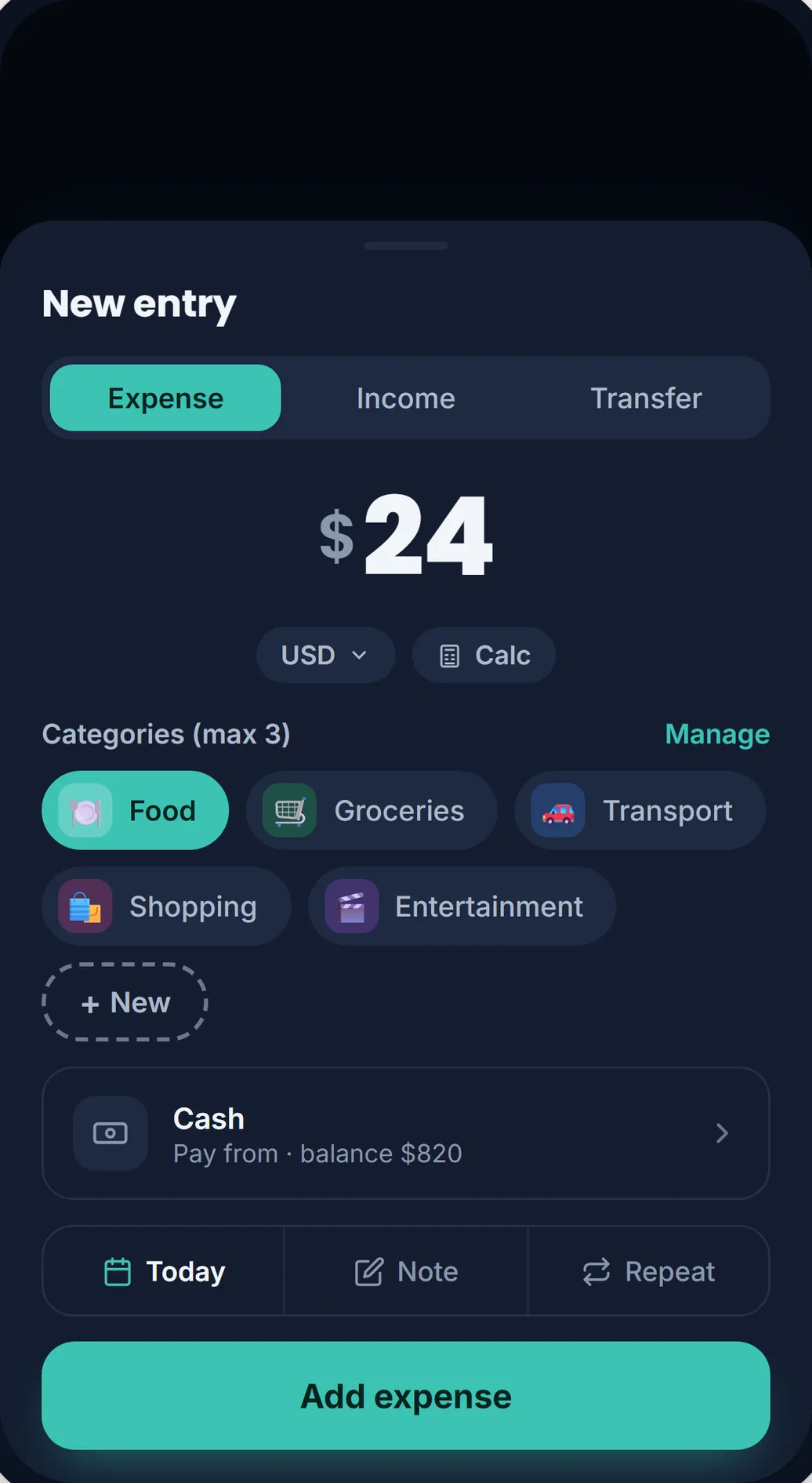 Lekkalu's add transaction sheet in dark mode with the category picker: a selected Food chip in teal and color-tinted category chips