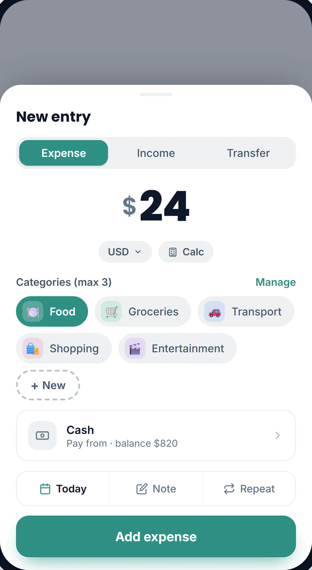 Lekkalu's add transaction sheet with the category picker: a selected Food chip in teal, color-tinted chips for Groceries, Transport, Shopping, and Entertainment, and a dashed New chip