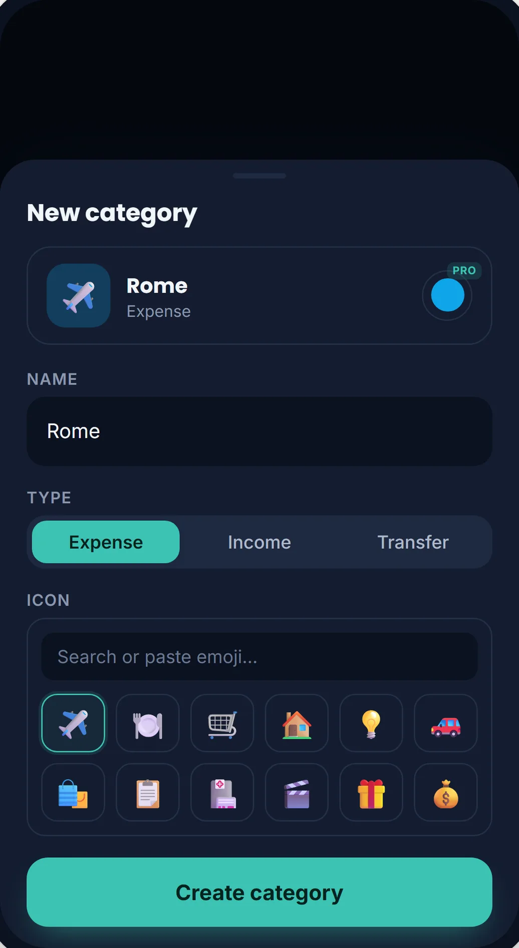 Lekkalu's new category form in dark mode: a Rome category with a plane emoji, name field, type control, and emoji picker