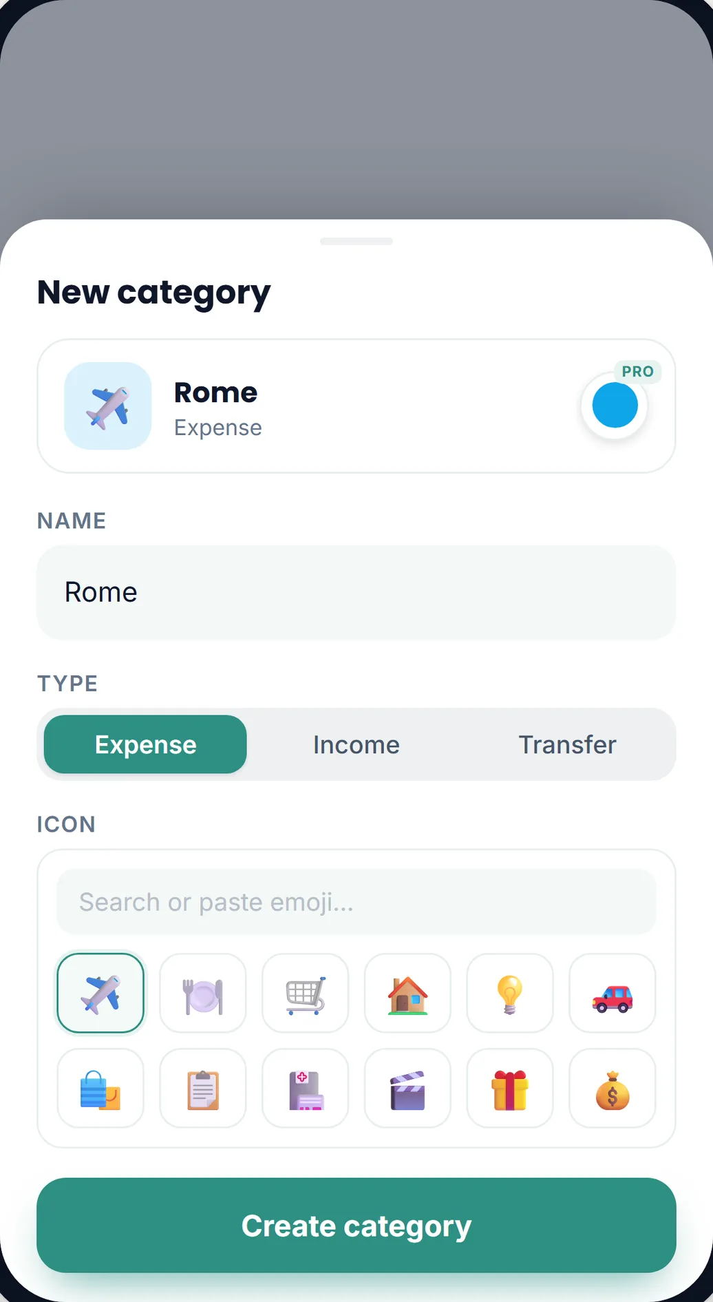 Lekkalu's new category form: a live preview of a Rome category with a plane emoji and its color swatch, a name field, expense-income-transfer type control, and an emoji picker