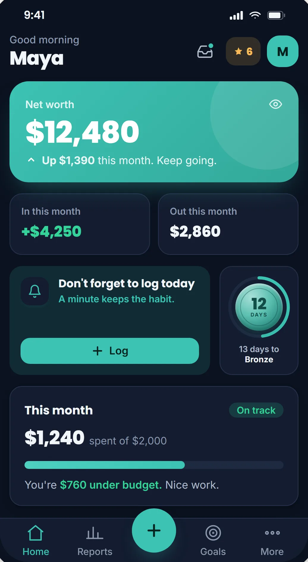 Lekkalu dashboard: net worth, money in and out this month, streak and budget