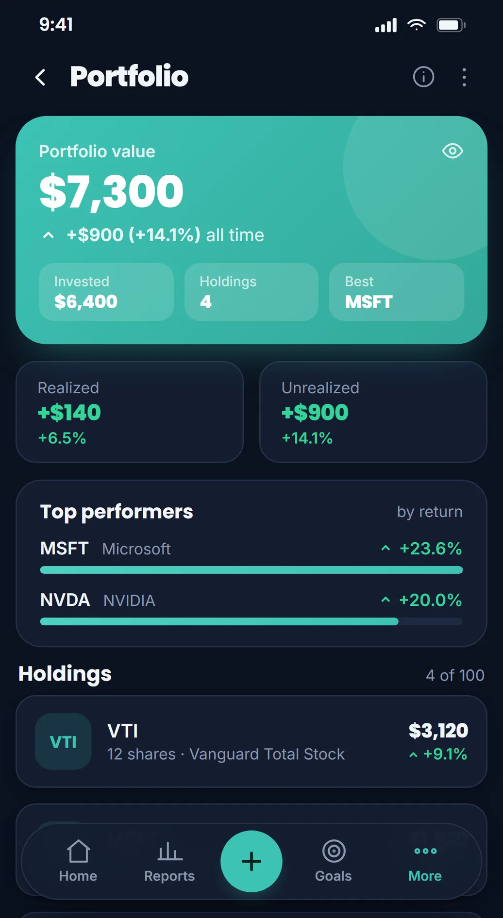 The Lekkalu investments screen, listing holdings logged by hand
