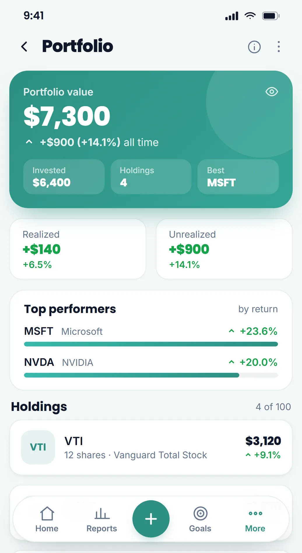 The Lekkalu investments screen, listing holdings logged by hand